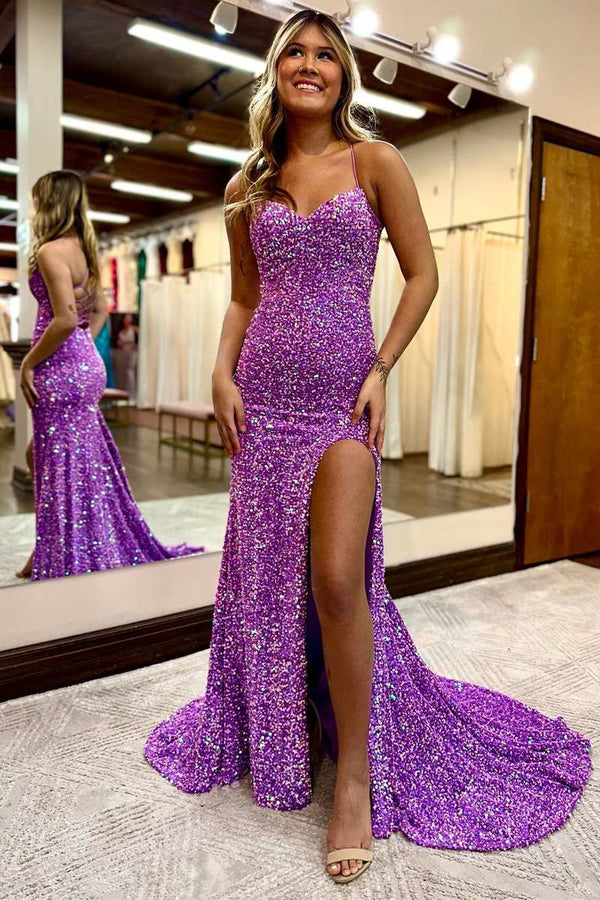 Purple Sequin Split Mermaid Prom Dress with Spaghetti-Straps Sweetheart Neckline and Sleeveless Design