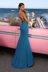 Blue One-Shoulder Sleeveless Mermaid Evening Prom Dress with Split