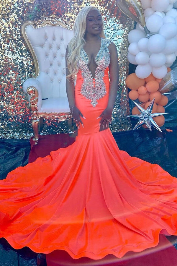 Orange Sleeveless Mermaid Prom Dresses with Split Beadings