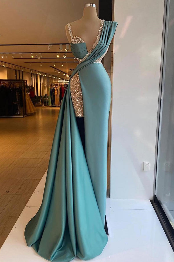 Jade V-Neck Mermaid Prom Dress with Beads and Split