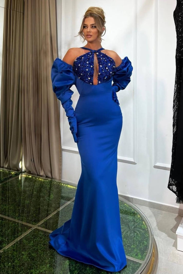 Halter Mermaid Evening Prom Dresses - Royal Blue with Sequins Beads
