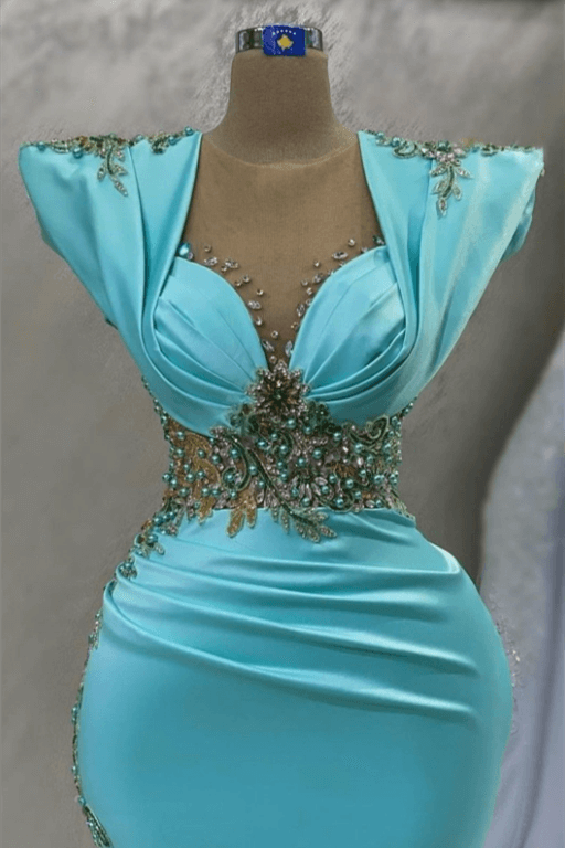 Tiffany Blue Mermaid Prom Dress with Long Sleeves and Beads Pearls