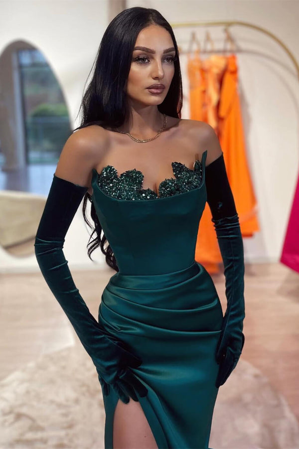 Dark Green Mermaid Dress with High Split Sequins and Beads