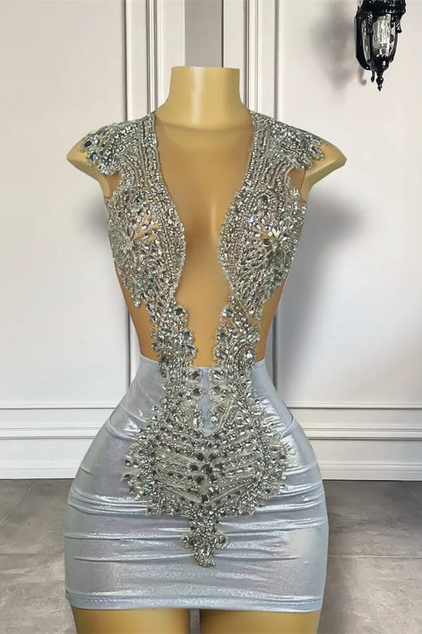 Silver Sleeveless Short Prom Dresses With Beadings